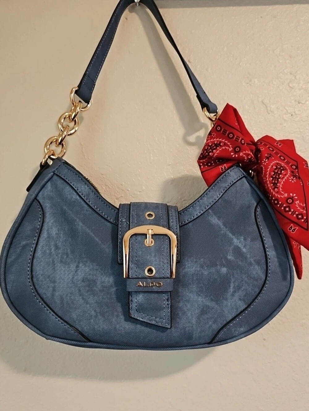 ALDO Blue Shoulder Bag with Gold Buckle and Chain